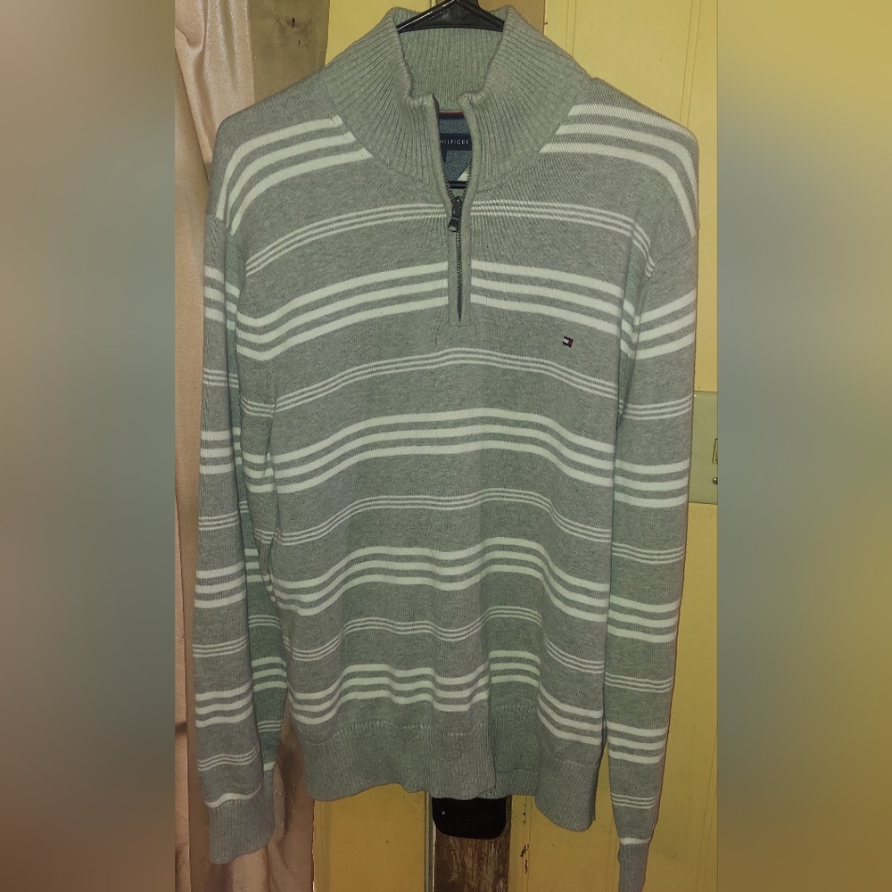 Tommy Hilfiger Sage Gray and White Striped Quarter-Zip Sweater